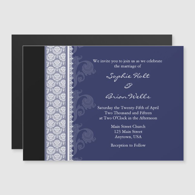 Invitación de boda magnética moderna azul marino n (Anverso/Reverso)
