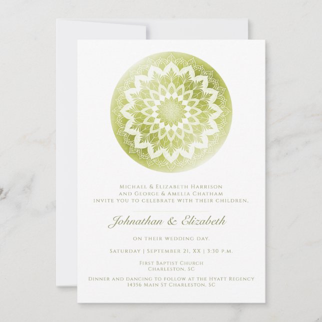 Invitación de Boda Mandala de Encaje Verde (Anverso)