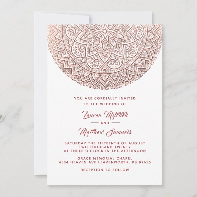 Invitación de boda mandala de oro rosa (Anverso)