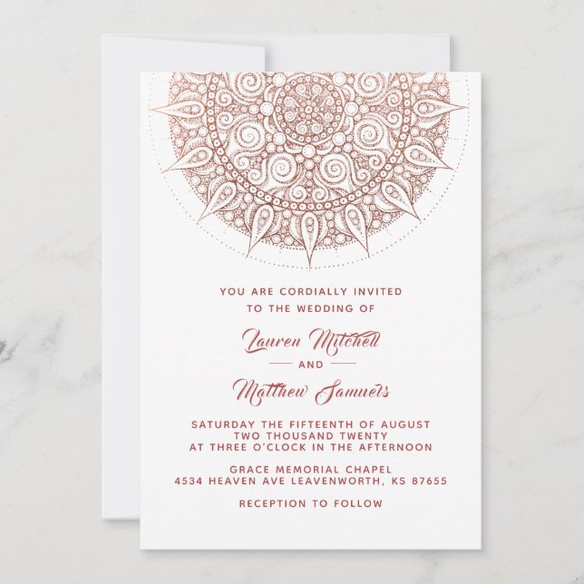 Invitación de boda mandala de oro rosa (Anverso)