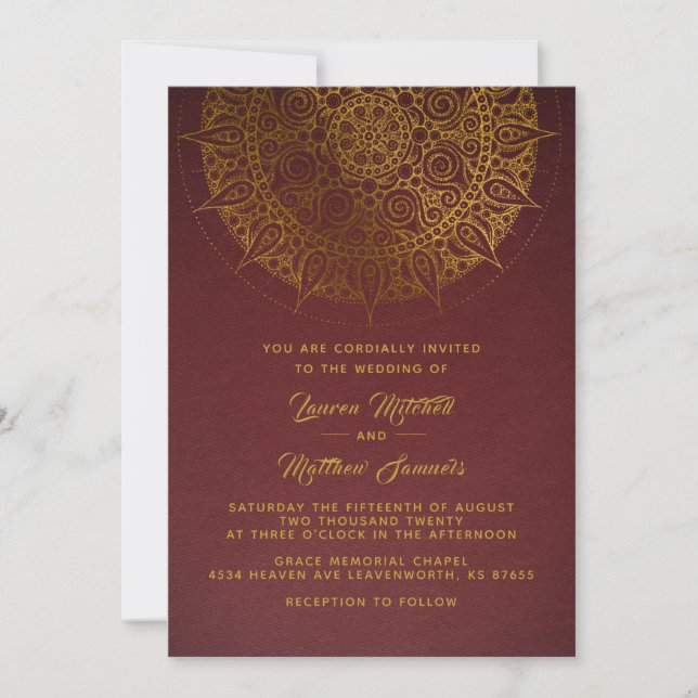 Invitación de boda mandala dorada (Anverso)