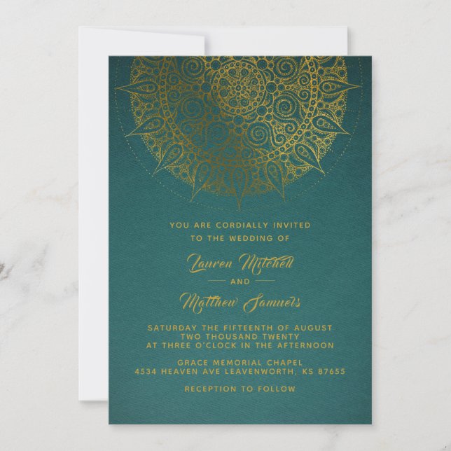 Invitación de boda mandala dorada (Anverso)
