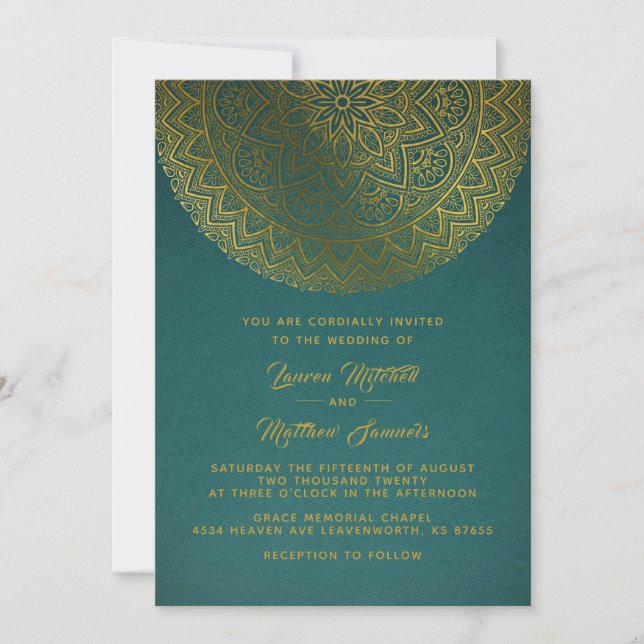 Invitación de boda mandala dorada (Anverso)