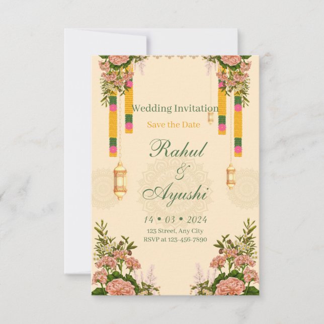 Invitación de Boda Mandap con Guirnalda Floral Ele (Anverso)