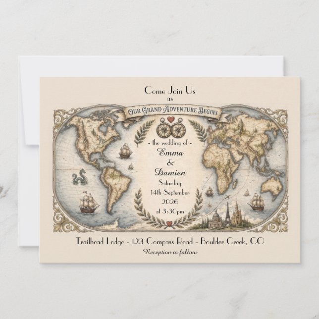 Invitación de Boda Mapa del Mundo (Anverso)