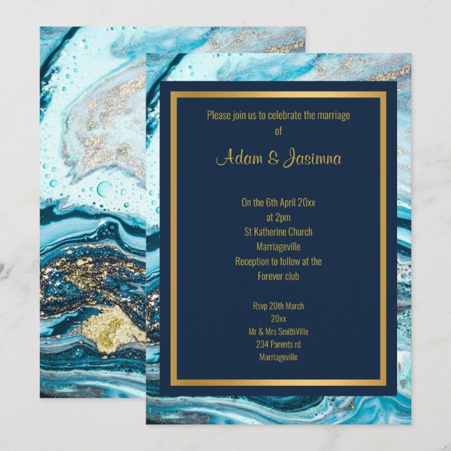 INVITACIÓN DE BODA MARBLE NAVY GOLD LAYERED (Anverso / Reverso)