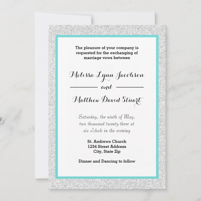 Invitación de boda - Marco de brillo blanco y azul (Anverso)