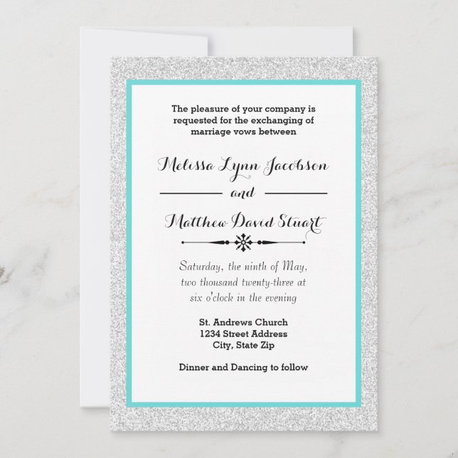 Invitación de boda - Marco de brillo blanco y azul (Anverso)