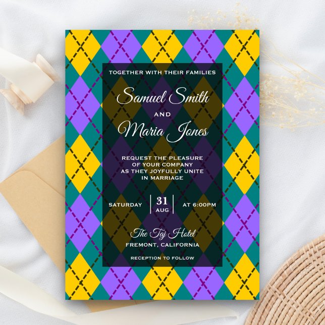 Invitación de boda Mardi Gras Amarillo Púrpura Arg (Subido por el creador)