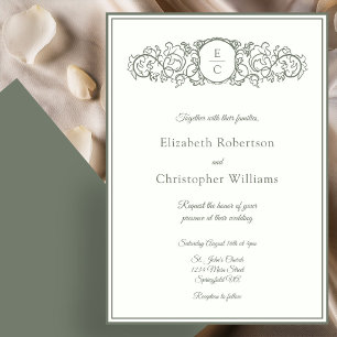 Invitación de boda marfil y verde con cresta de mo