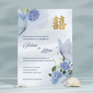 Invitación de Boda Mariposa Azul Oro