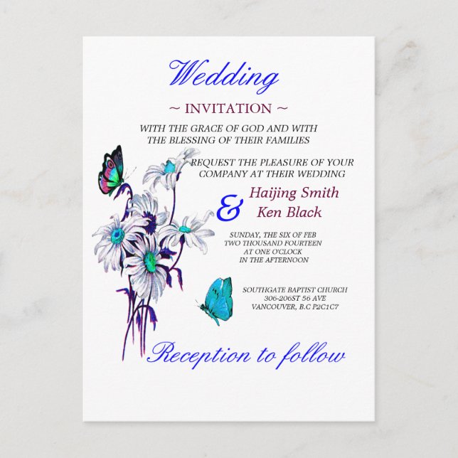 Invitación de Boda Mariposas y Margaritas Azules (Anverso)