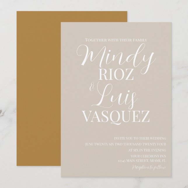 Invitación de boda marrón beige de guión moderno (Anverso / Reverso)