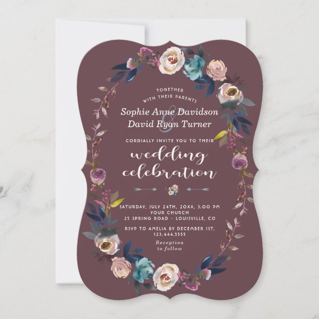 Invitación de boda | Marrón de guirnaldas de flore (Anverso)