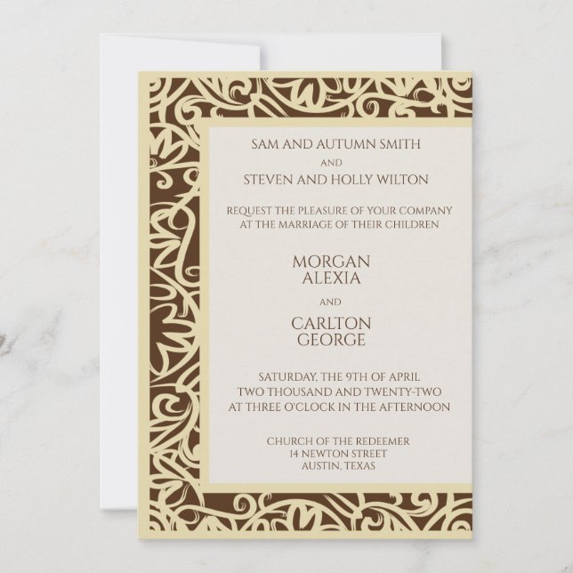 Invitación de boda marrón oscuro y beige (Anverso)