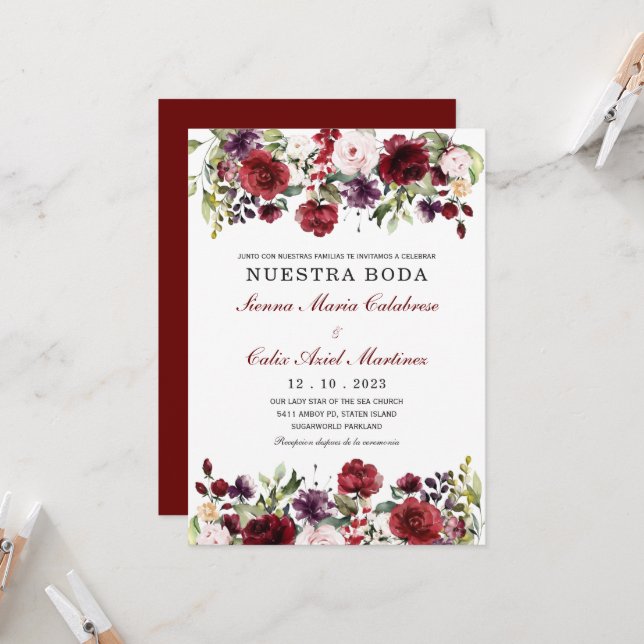 Invitación de boda marsala en español (Anverso/Reverso In Situ)