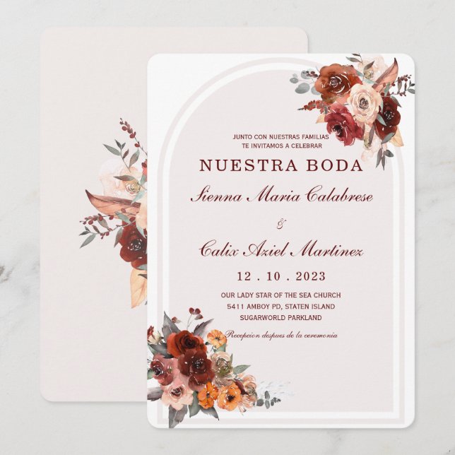 Invitación de boda marsala en español invitación (Anverso / Reverso)
