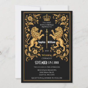 Invitación de boda medieval Black Gold Royal Lion