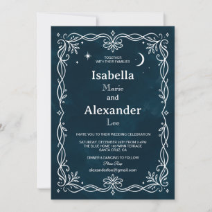 Invitación de boda medieval de plata índigo hiedra