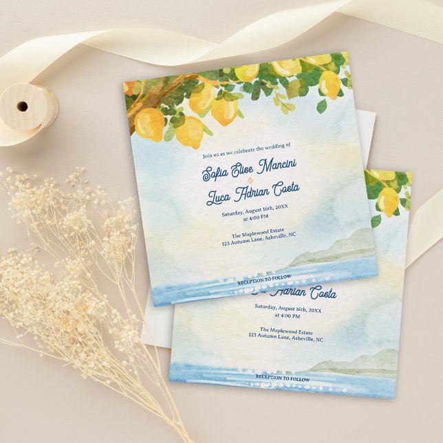 Invitación de boda mediterránea Lemon Grove (Lemon Grove Mediterranean Wedding Invitation
Lemon Grove Watercolor Mediterranean Wedding Invitation)