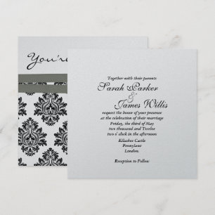 Invitación de boda metálica Damask Silver & Grey T
