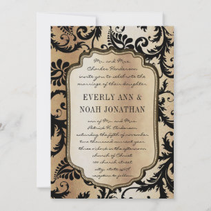 Invitación de boda metálica de damasco negro marró