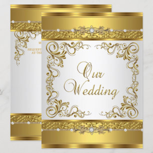 Invitación de boda metálica dorada diamante blanco