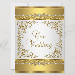 Invitación de boda metálica dorada diamante blanco