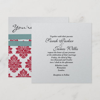 Invitación de boda metálica plateada y turquesa y 