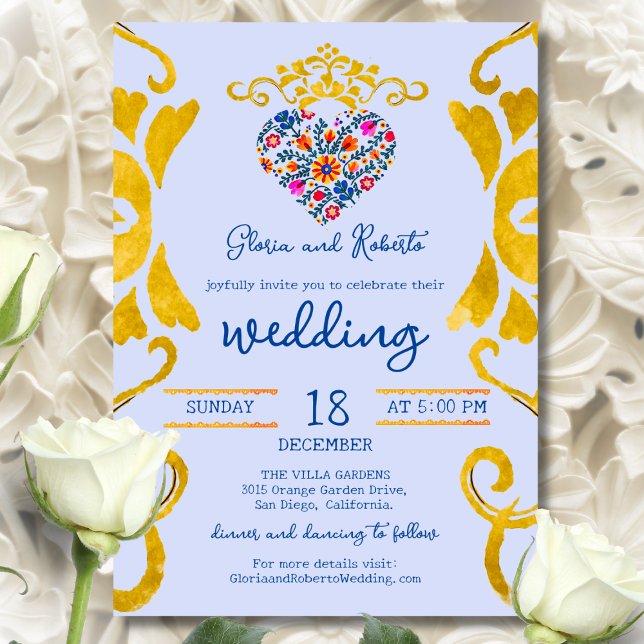 Invitación de Boda Mexicana Barroca Corazón Floral (Golden Baroque swirls frame a vibrant Mexican floral heart in cobalt, marigold, and coral tones.)