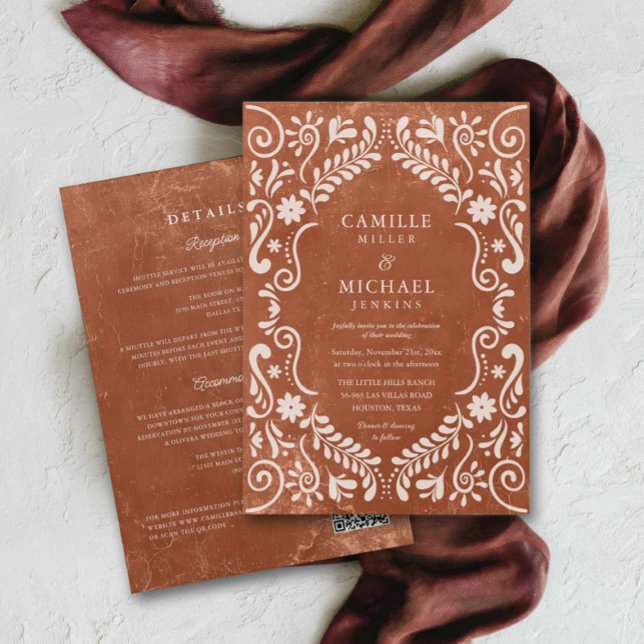 Invitación de boda mexicana de terracota con códig (Terracotta Mexican Wedding with QR Code Invitation)