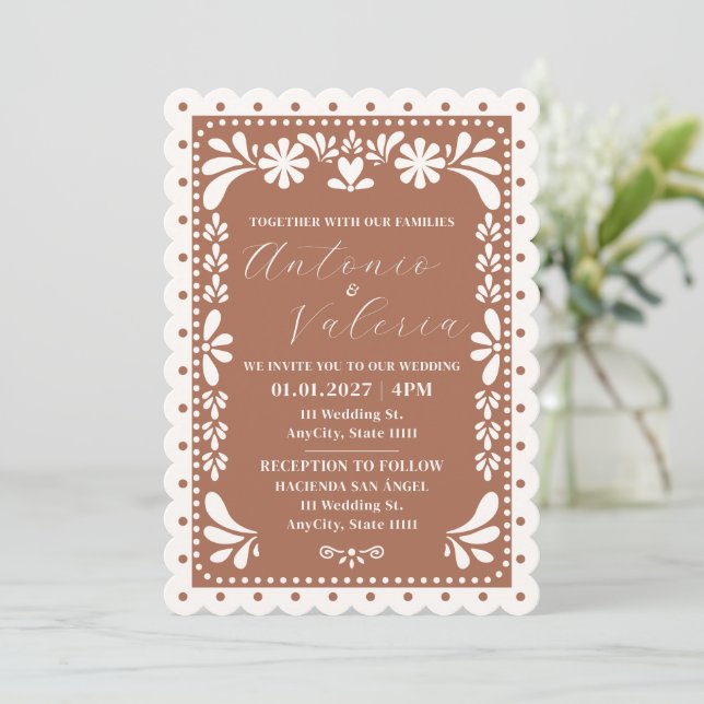 Invitación de Boda Mexicana de Terracota con Papel (Anverso de pie)