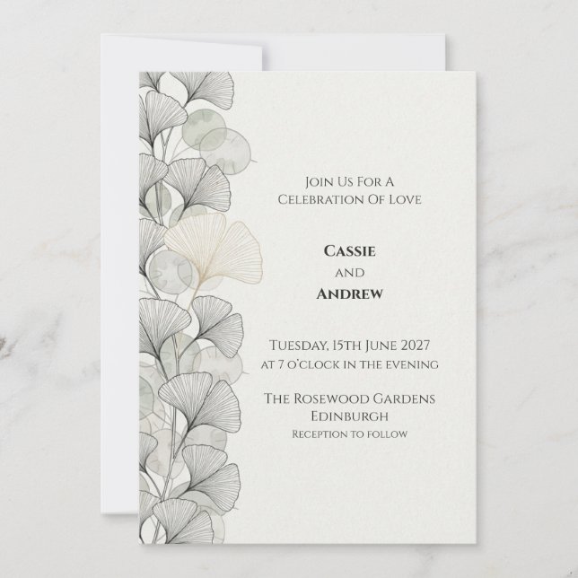 Invitación de boda Minimal Grey Ginkgo (Anverso)