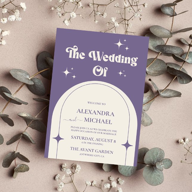 Invitación de boda minimal retro arco púrpura (Subido por el creador)