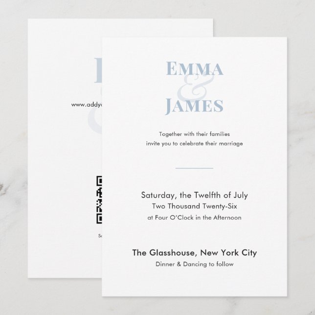 Invitación de Boda Minimalista Azul Polvo | Código (Anverso / Reverso)