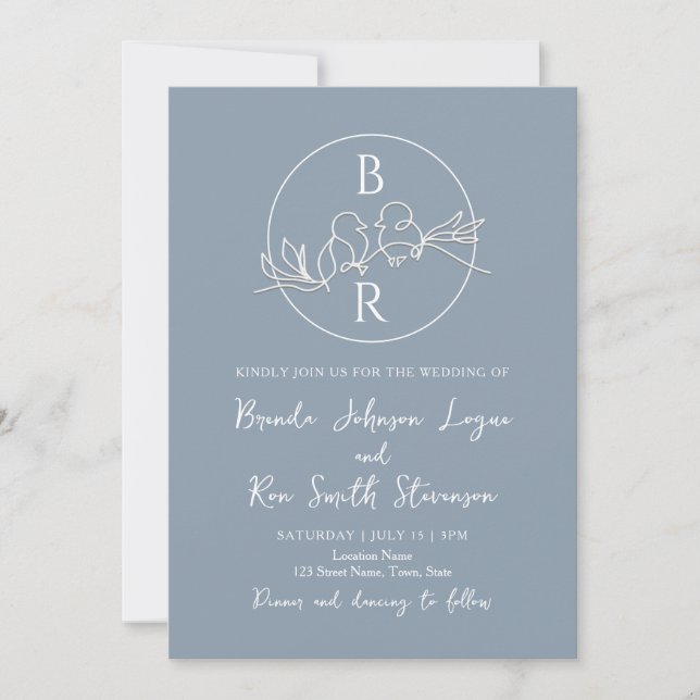 Invitación de boda minimalista azul polvoriento (Anverso)