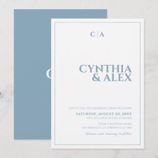 Invitación de boda minimalista azul polvoriento y