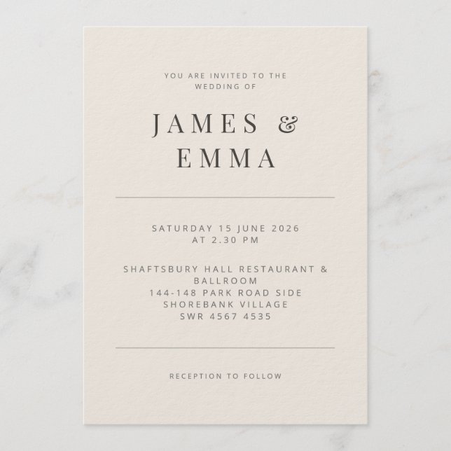 Invitación de boda minimalista beige suave (Anverso)