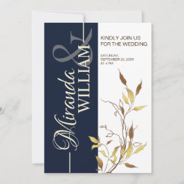 Invitación de boda minimalista botánica azul marin