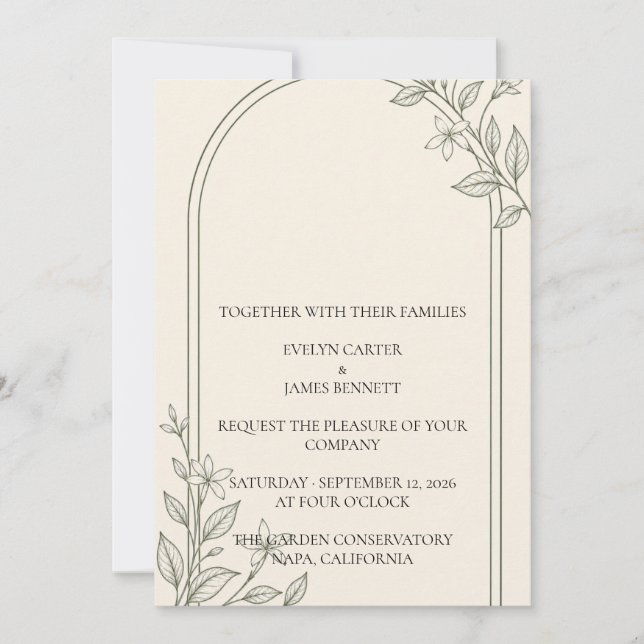 Invitación de boda minimalista con arco botánico d (Anverso)