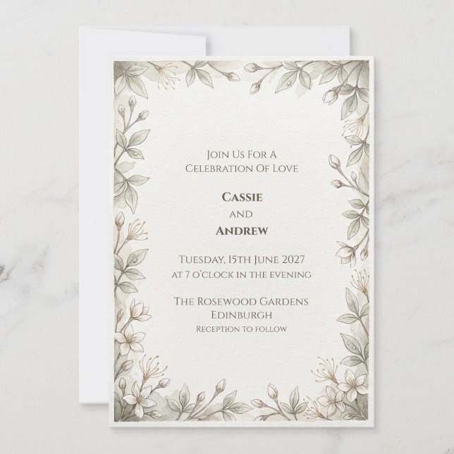 Invitación de boda minimalista con hoja verde (Anverso)