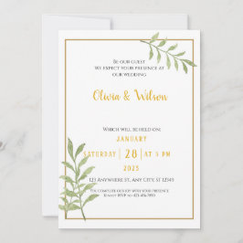 Invitación de boda minimalista con hojas verdes de