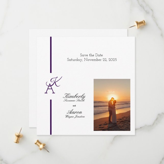 Invitación de boda minimalista con inicial de líne (Anverso/Reverso In Situ)