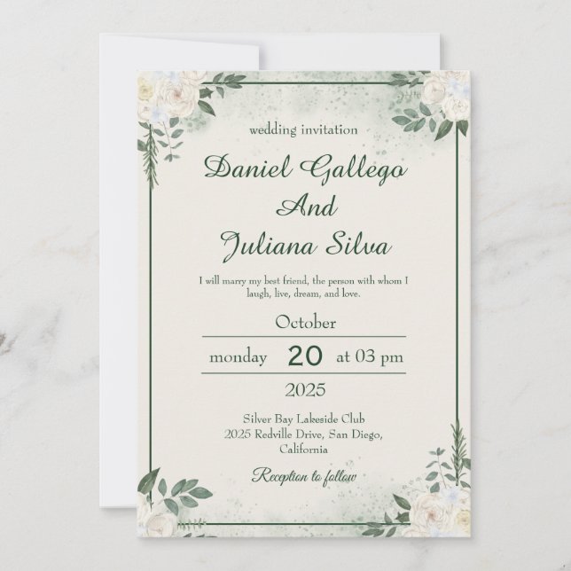 Invitación de boda minimalista con vegetación (Anverso)