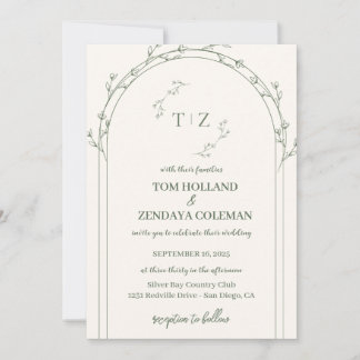 Invitación de boda minimalista crema y verde