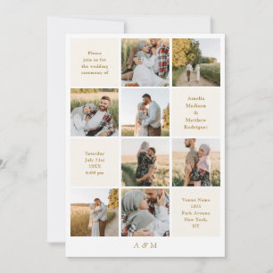 Invitación de boda minimalista de 9 fotos en blanc