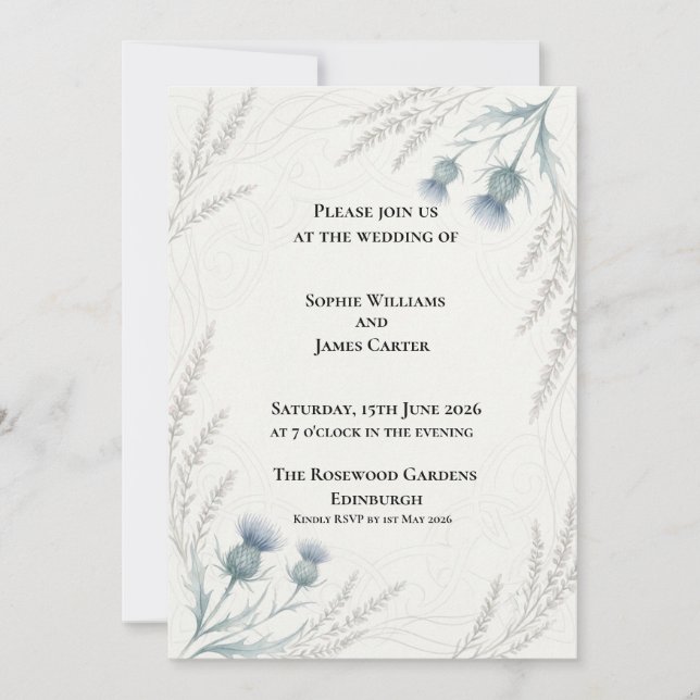 Invitación de boda minimalista de eucalipto gris a (Anverso)