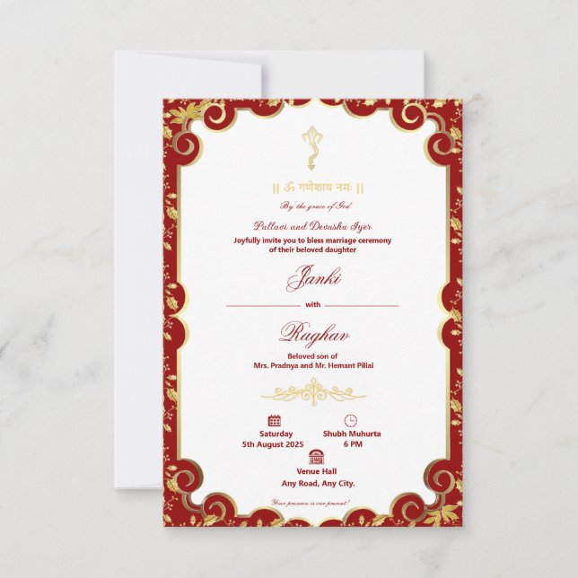 Invitación de boda minimalista de Ganesha indio (Anverso)