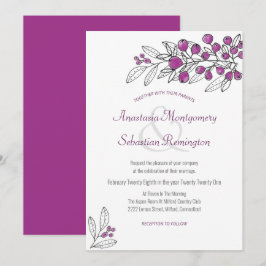 Invitación de boda minimalista de hoja de mora púr