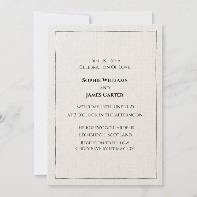 Invitación de Boda Minimalista de Lino Neutro (Anverso)